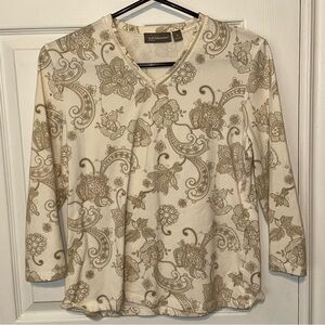 3 for $10 Croft & Barrow cream brown pattern print 3/4 sleeve shirt size medium